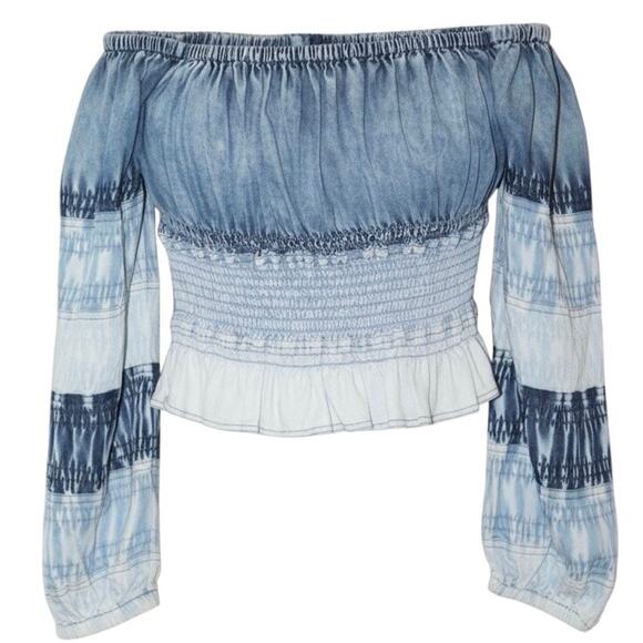 Pilcro Smocked Chambray Blouse Blue Tie-Dye Boho Off Shoulder Peasant Top XS - Picture 4 of 5